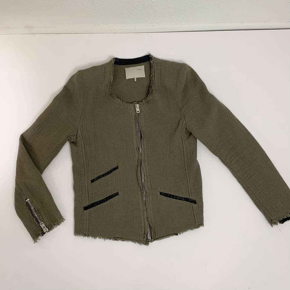 IRO Barry Olive Green Distressed Raw Edge Zipper Jacket Sz 1=US Sz XS/2